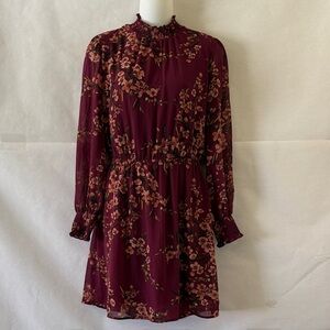 DR2 Floral Mock Neck Long Sleeve Dress Sz S Burgundy Mini Romantic Cottagecore